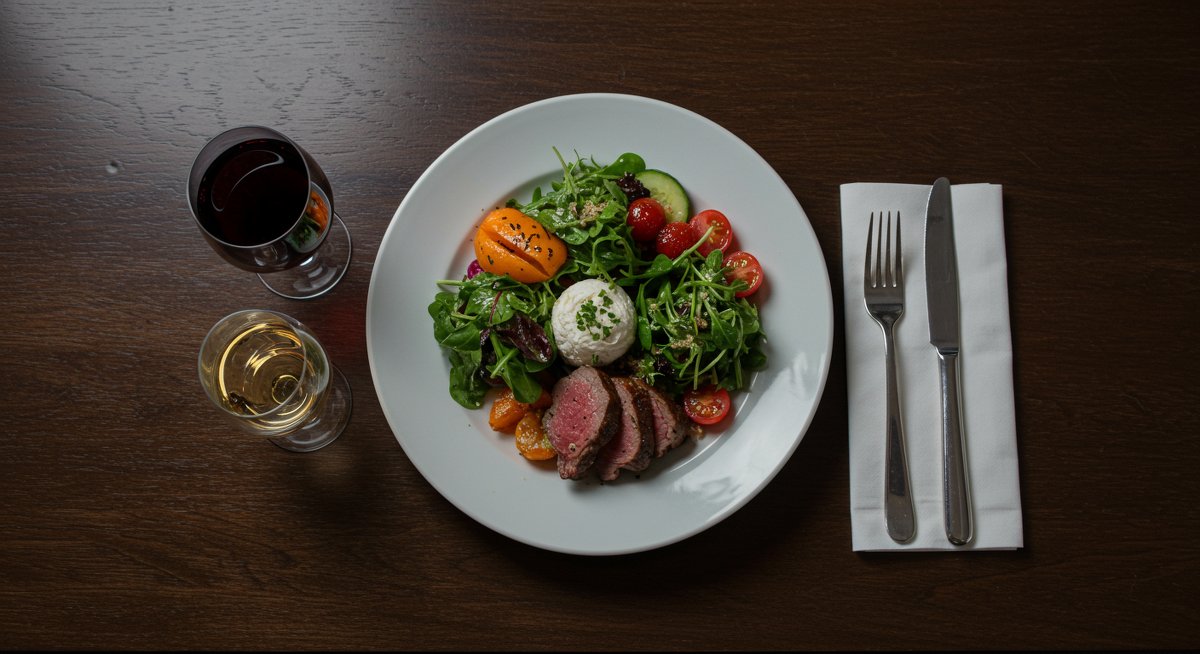 Beautifully plated vegan dinner with a woman in the background, showcasing an elegant and inviting dining atmosphere.