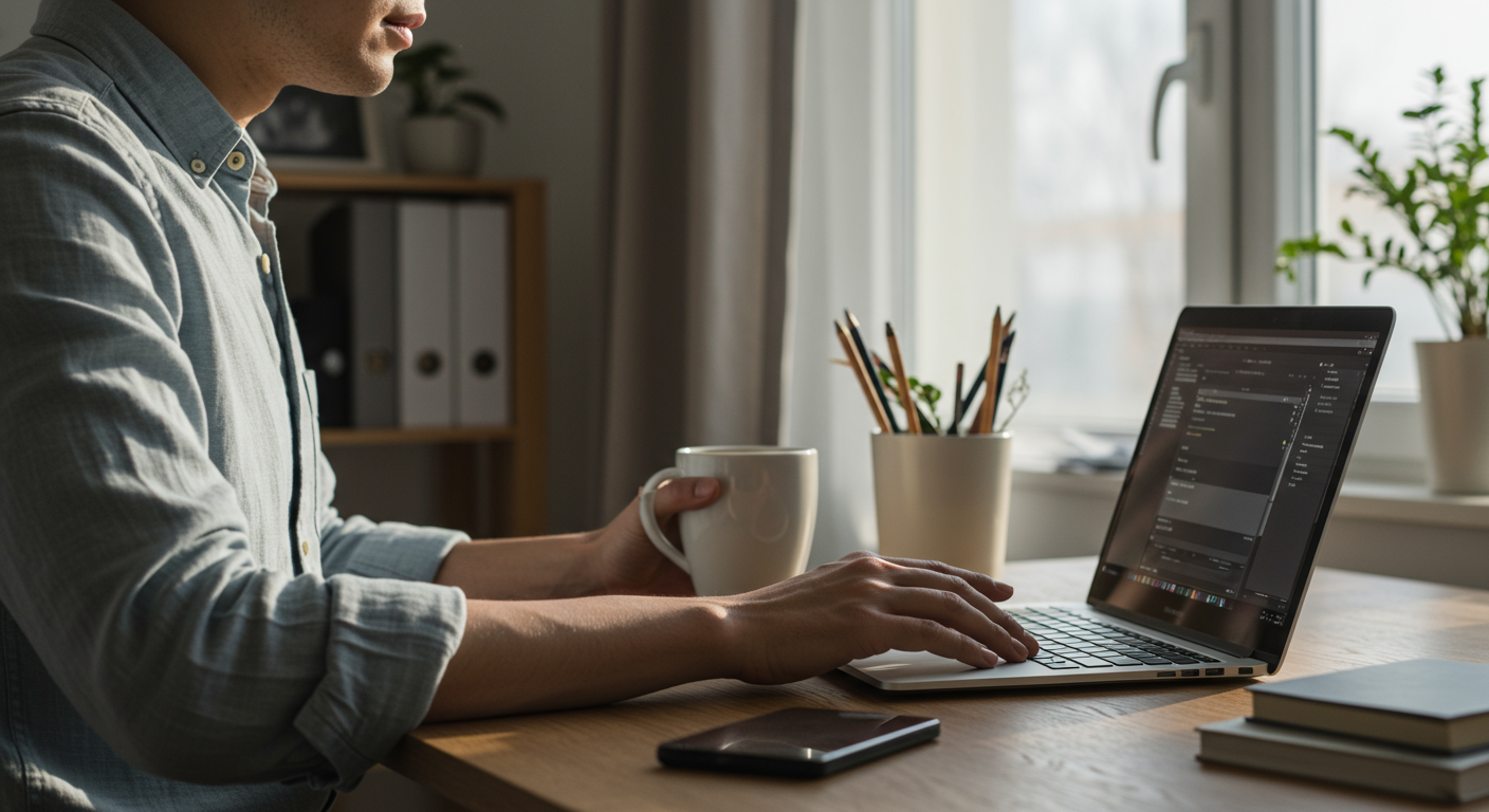 A person working at a desk with a laptop and coffee, using task batching techniques with a Pomodoro timer in a modern home office.