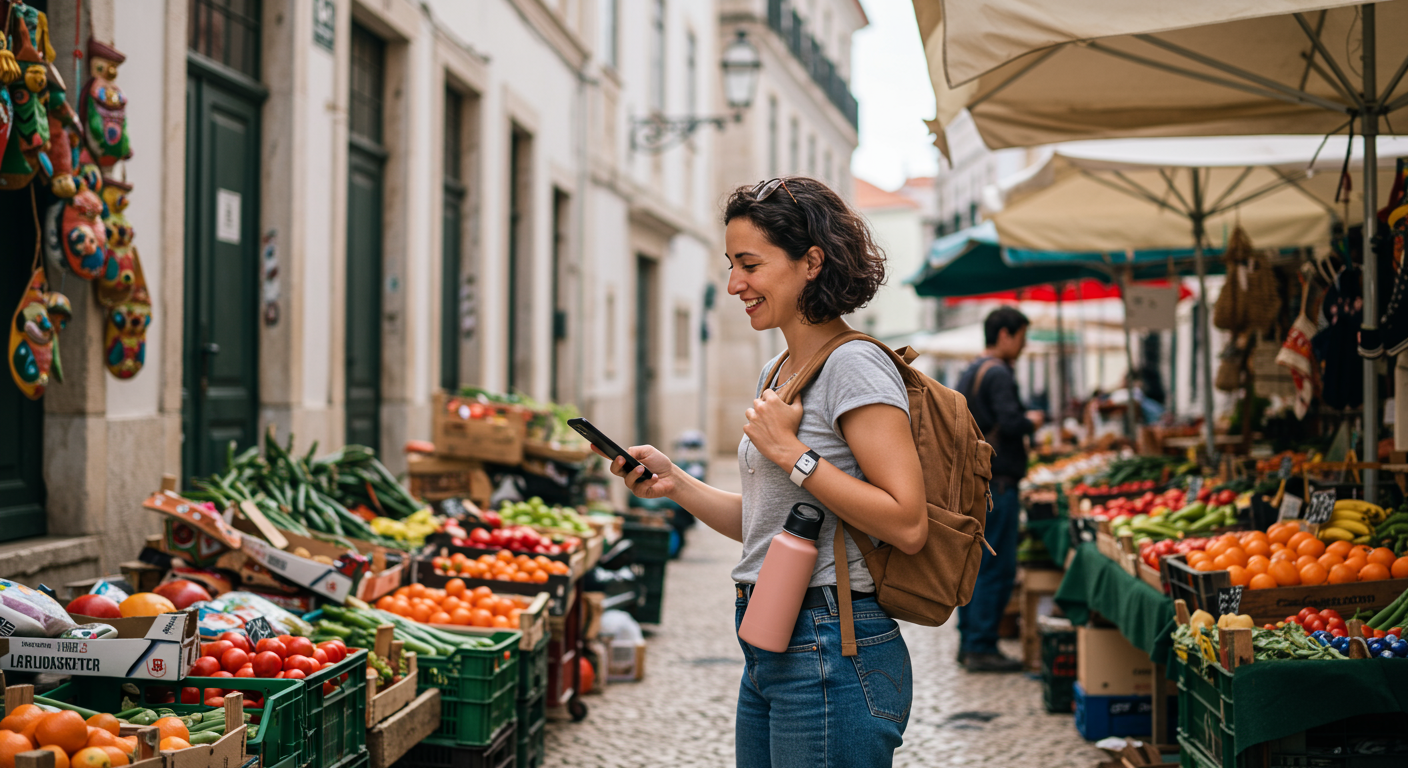 Digital nomad exploring a local market in Lisbon, Portugal, showcasing cultural immersion and the nomad lifestyle.