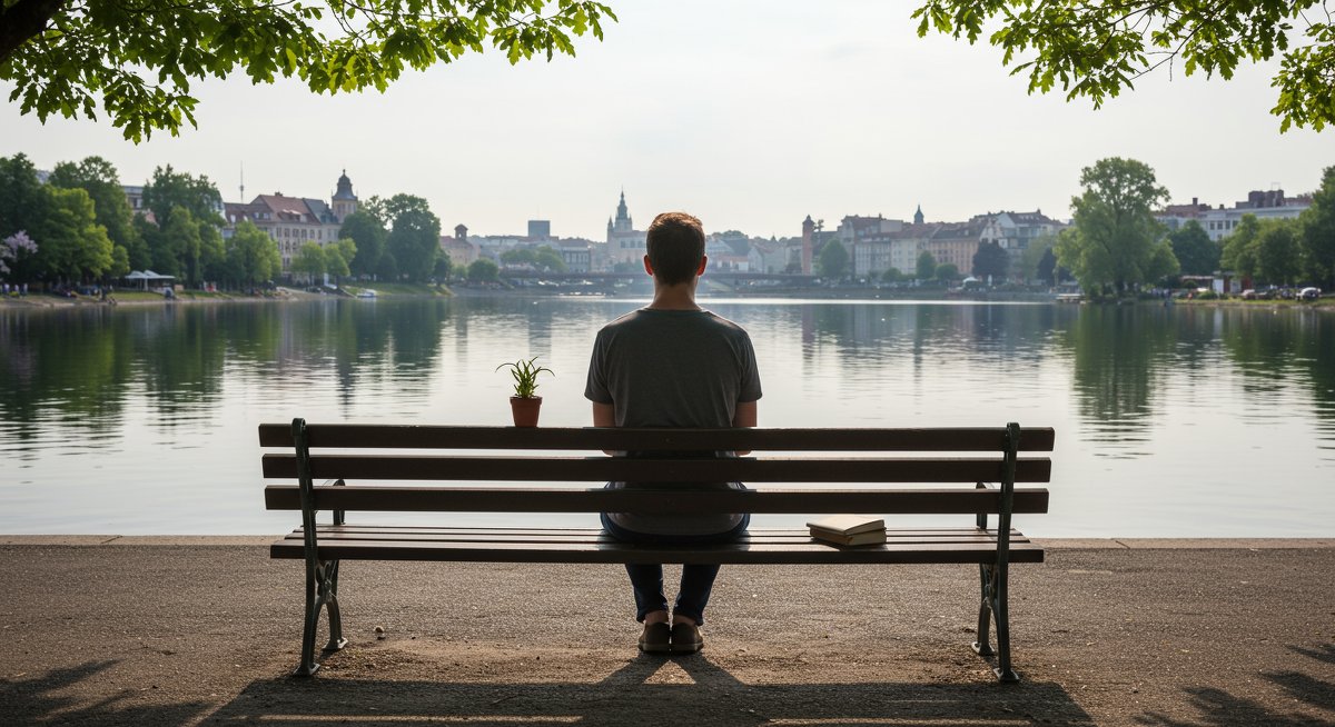 Digital nomad prioritizing mental health through mindfulness meditation in a natural setting