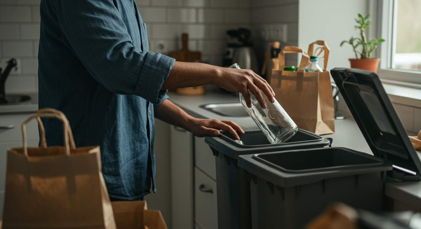 A person sorting recycling in a kitchen, showcasing how to reduce carbon footprint through sustainable living. The image promotes an eco-friendly lifestyle.