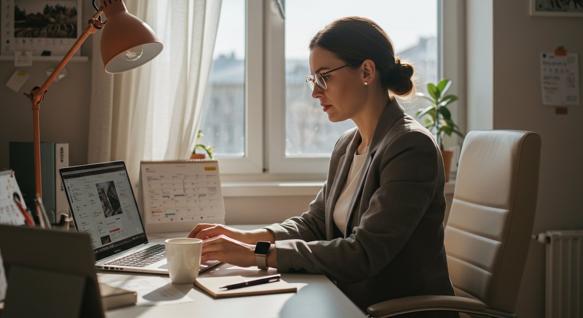 Professional woman in minimalist home office focused on productivity with laptop, coffee, and time-blocking calendar