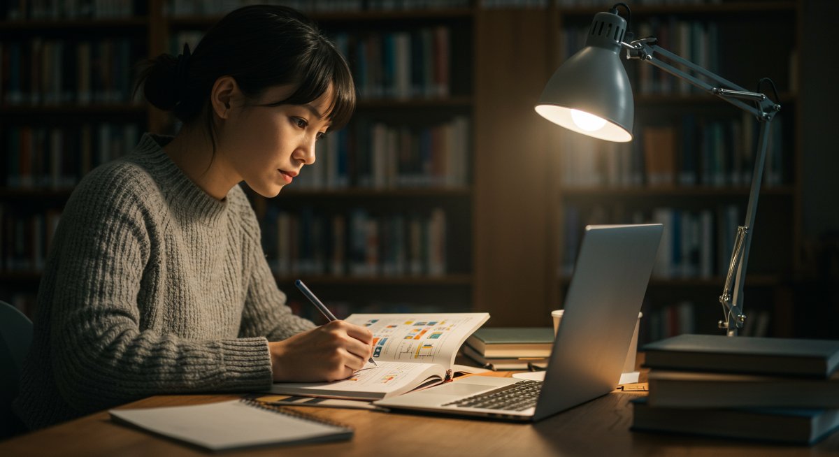 Woman creating a mind map on a notebook while studying with a laptop, illustrating the benefits of mind mapping for learning and memory.