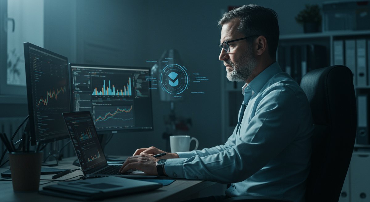 Experienced crypto trader analyzing Monero transactions in modern workspace