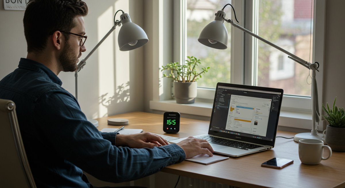 Professional man managing emails with productivity tools in a minimalist home office, showcasing inbox organization and focus