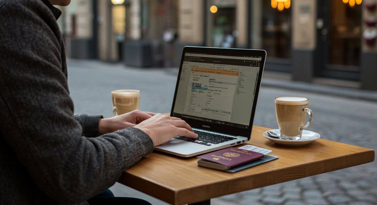 Digital nomad researching European visa requirements in modern café environment