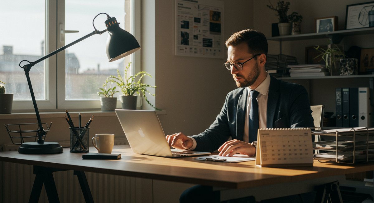 Minimalist finances illustration of a man in a modern workspace with organized financial documents and a laptop, symbolizing financial freedom and wealth building