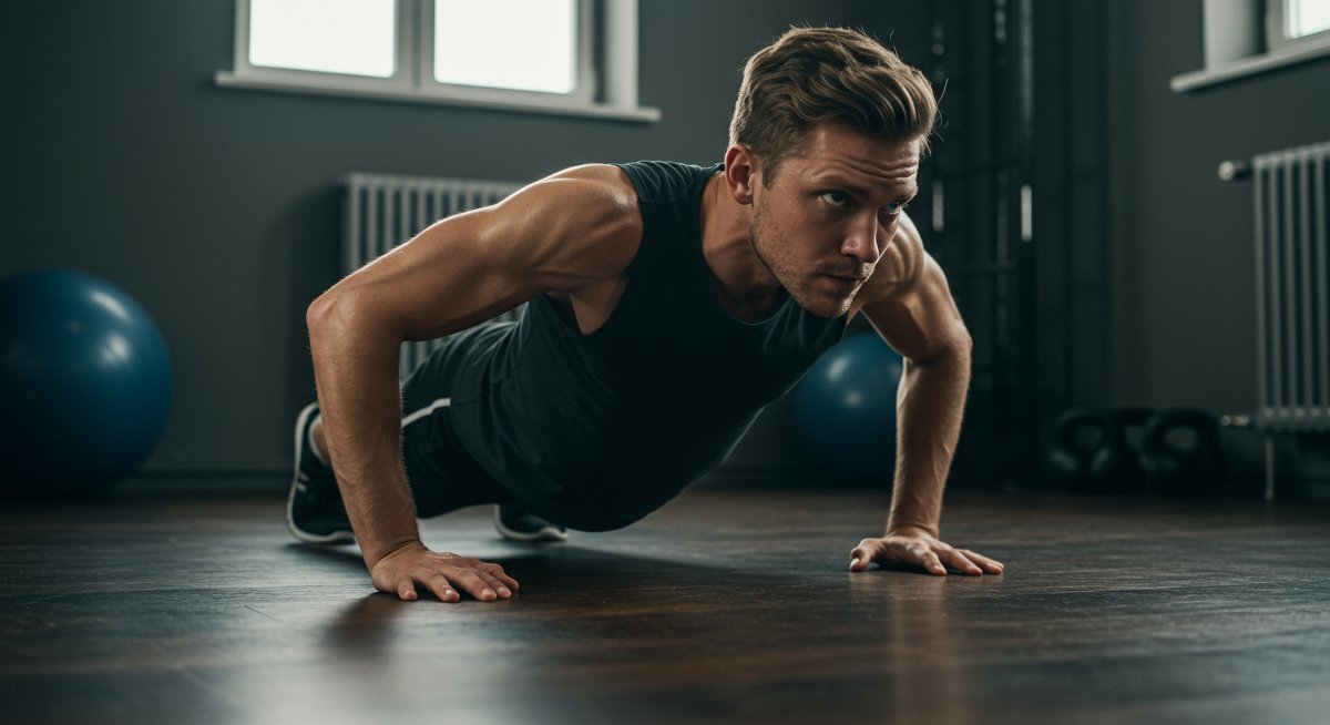 Person doing push-ups in home gym with natural lighting