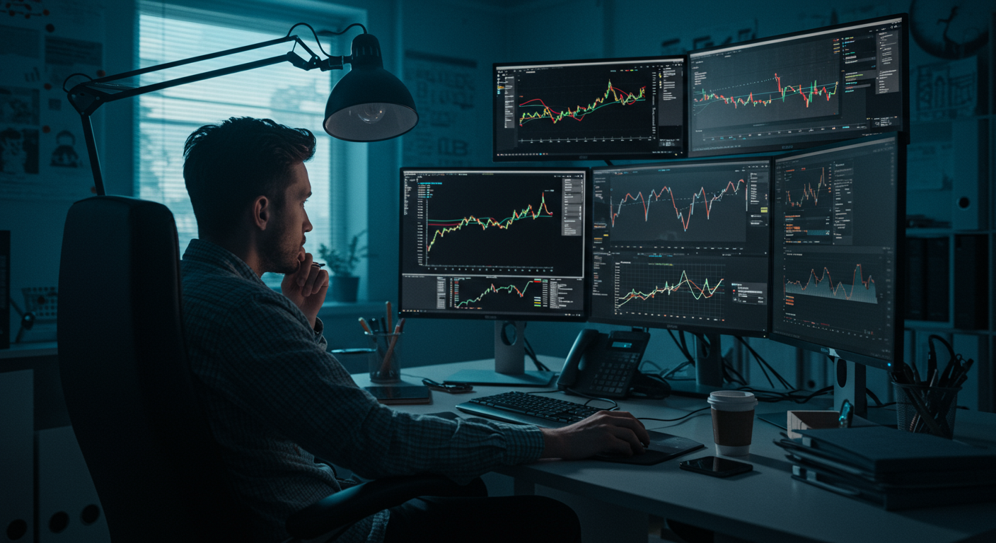 Experienced crypto trader analyzing charts in a modern office, focusing on crypto swap fees and avoiding hidden costs.