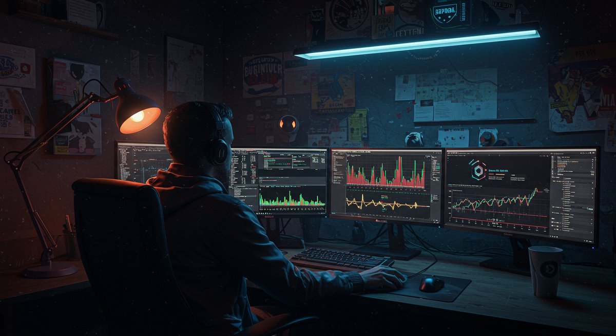 Crypto trader analyzing global market data with Pump.fun, DexScreener, and Etherscan on triple monitors in a neon-lit crypto lair