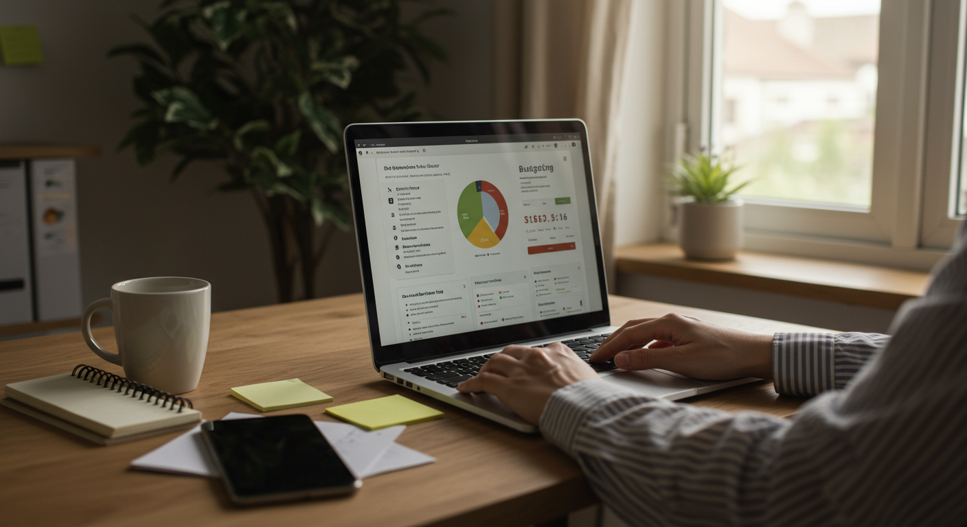 Financial expert reviewing budgeting app on laptop in a minimalist office, strategic financial planning and money management.