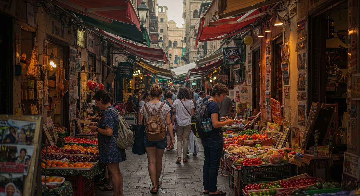 Budget travelers discovering affordable local market finds while engaging with street vendors in a vibrant international destination