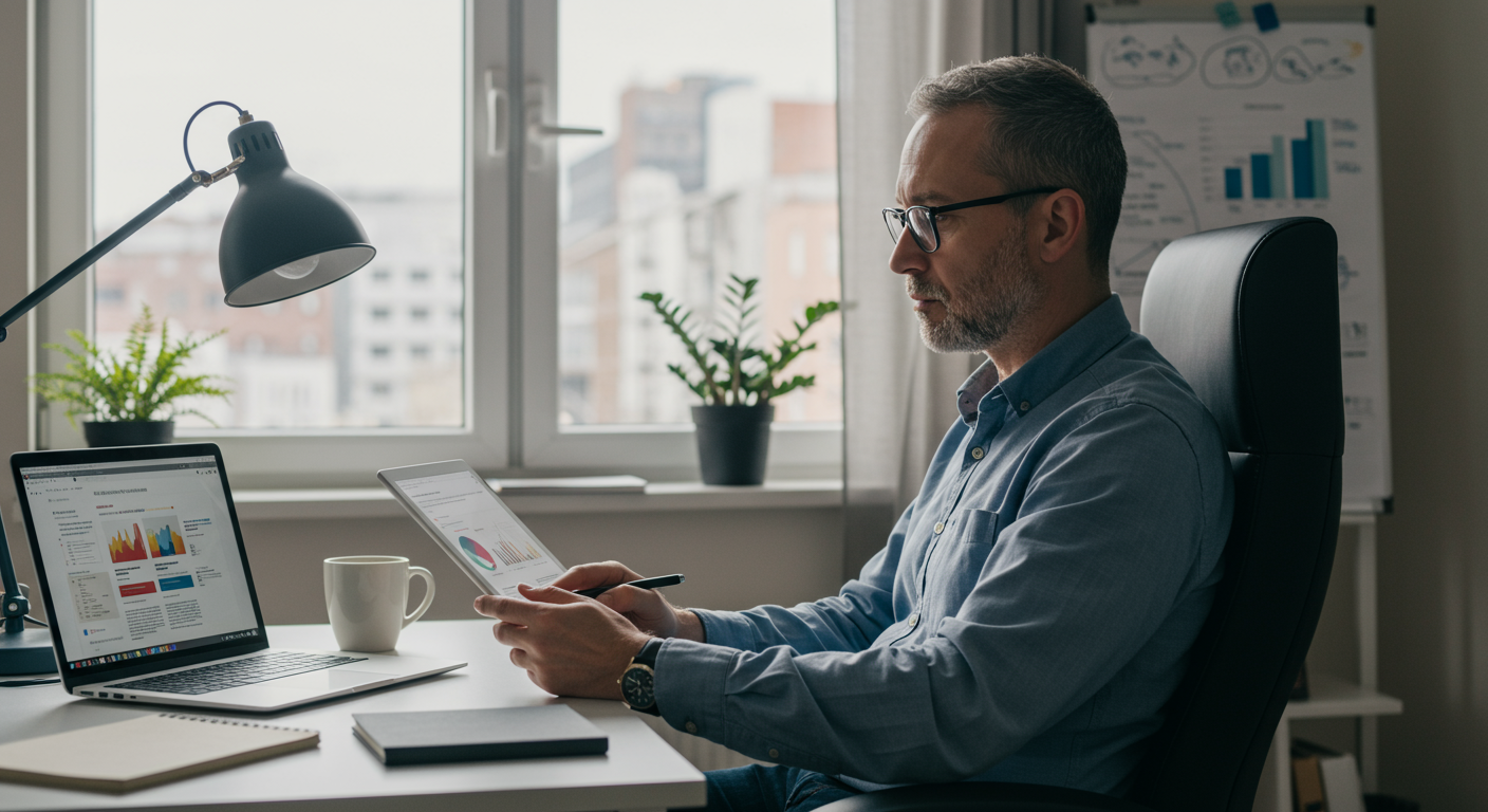 Mid-career professional studying digital skills online, preparing for career advancement in a modern home office.