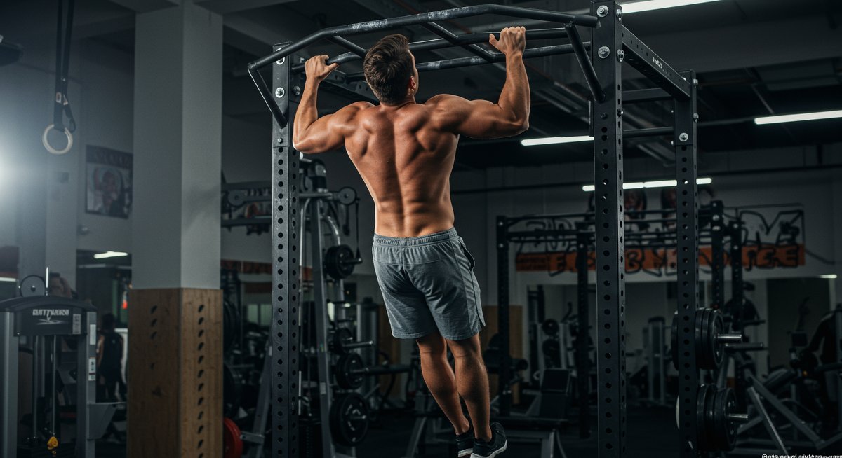 Person doing chin-ups on pull-up bar in gym with bright lighting