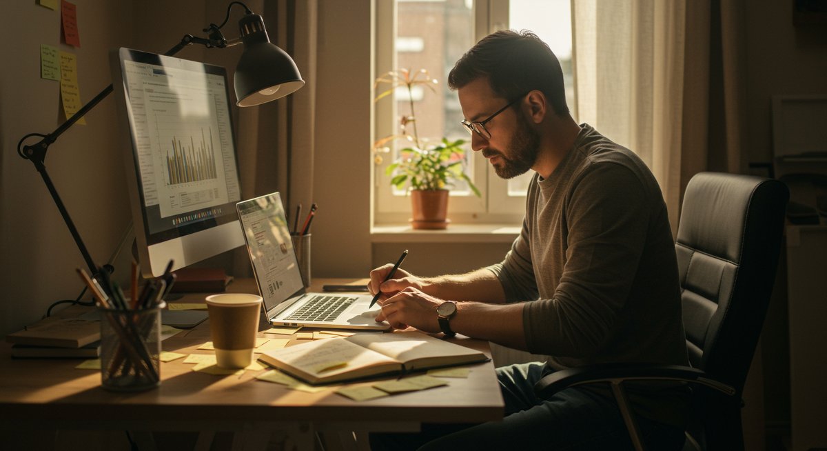 Man overcoming perfectionism in home office with Pomodoro timer, bullet journal, and scattered notes showing productivity journey
