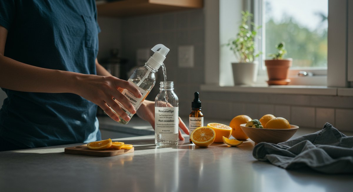 Eco-friendly cleaning DIY: Homemade vinegar spray recipe with citrus and essential oils in a minimalist kitchen setup