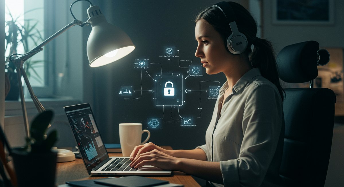 Digital nomad cybersecurity essentials: female professional using laptop with secure network connection and encrypted data flow in modern workspace