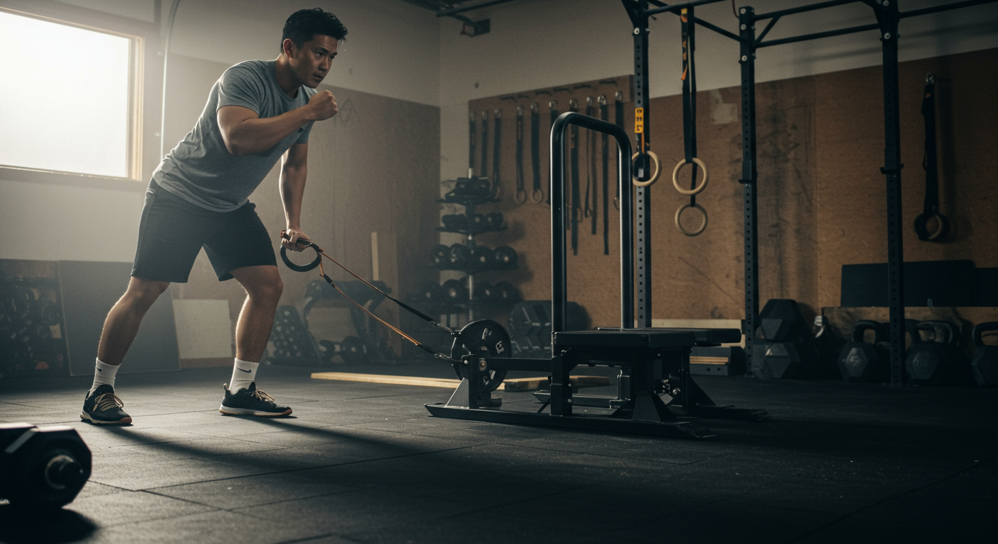 Person doing strength exercises with Rogue Sled in home gym with natural lighting
