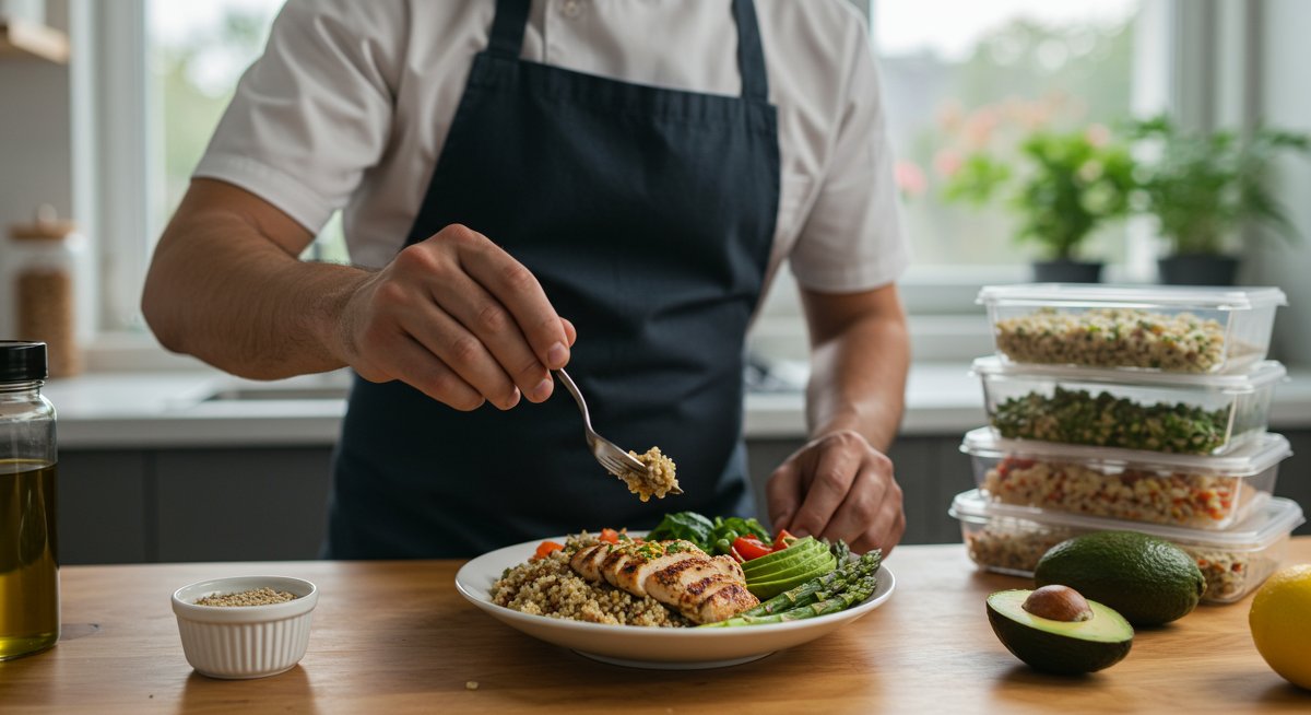 Professional high-protein lunch illustration: Quinoa bowl with grilled chicken, asparagus, and avocado garnished by a chef in a modern kitchen