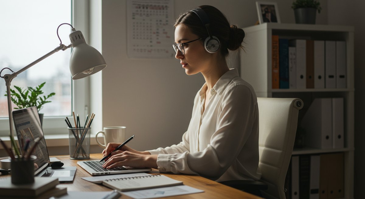 Productivity beginner prioritization guide illustration: woman using bullet journal and laptop to manage tasks in organized workspace