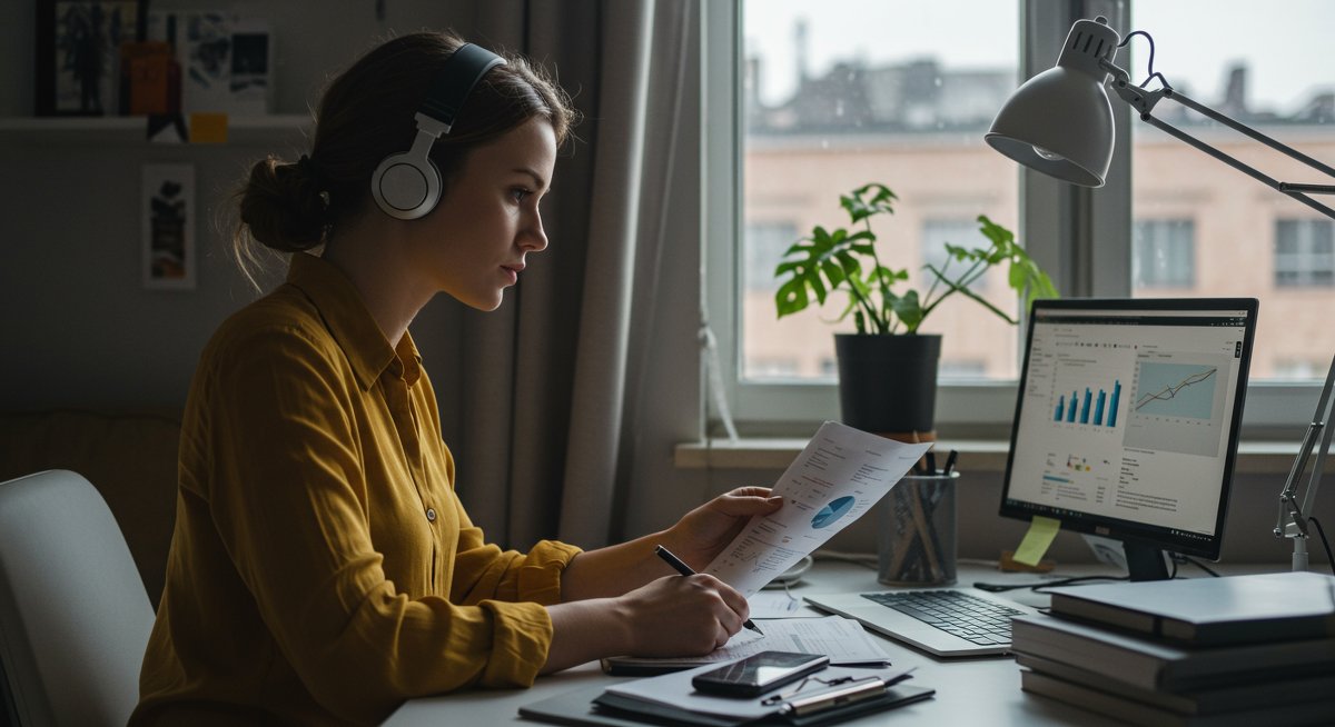 Determined female digital nomad focused on work, sitting at a minimalist desk with spreadsheets and charts, in a cozy apartment with natural light.