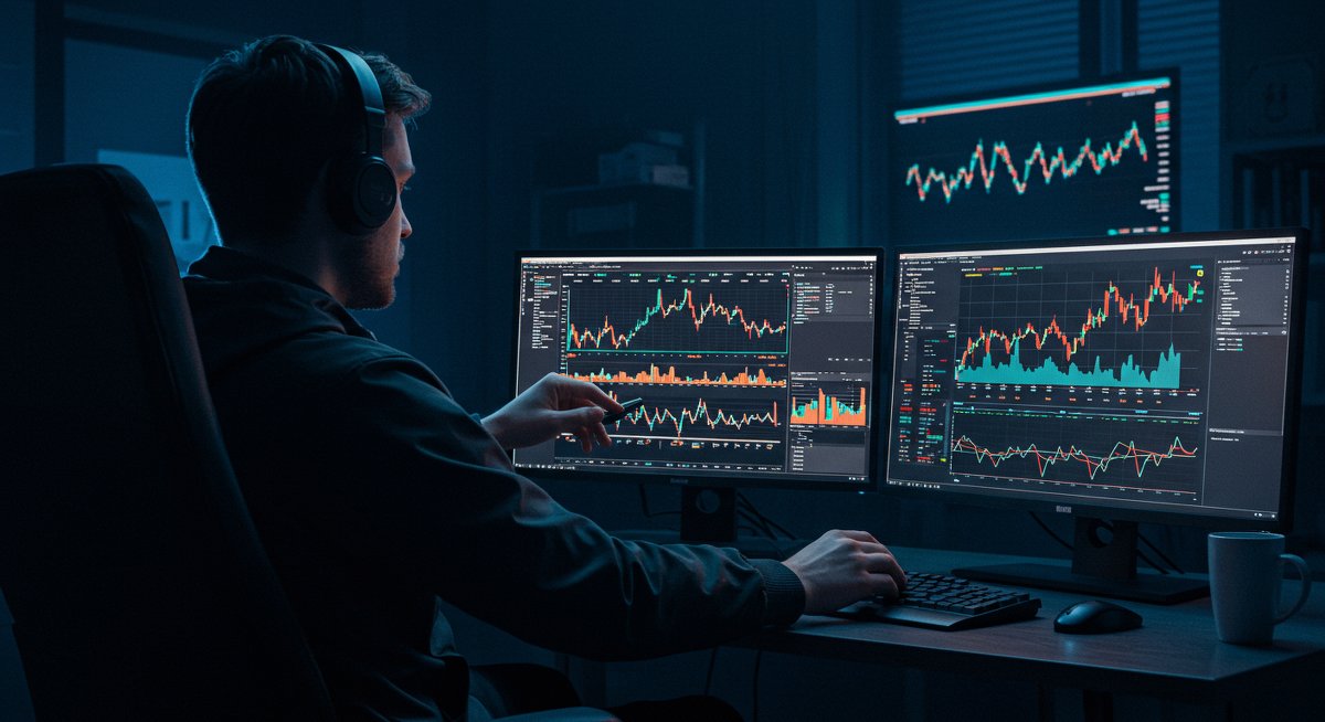Bitcoin trading strategy analysis with global market charts and screen glow