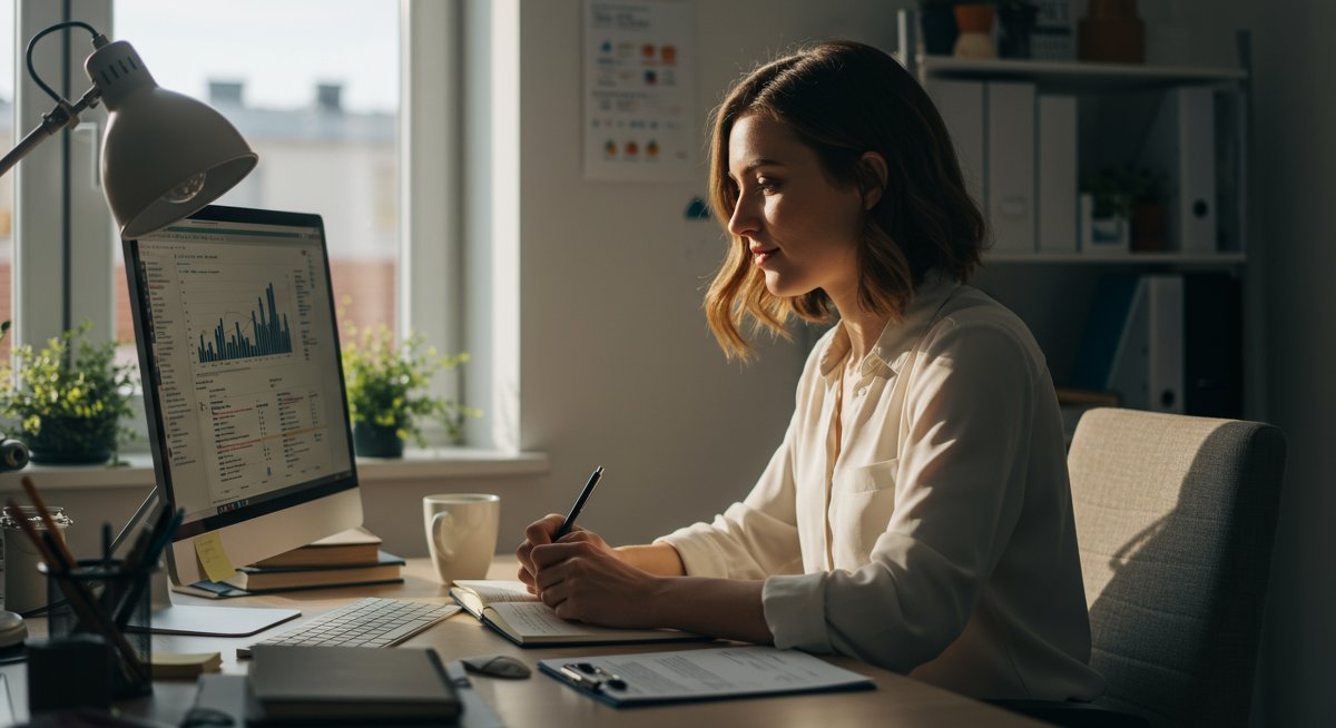 Woman reviewing budget on monitor in home office, promoting financial stress relief through budgeting.