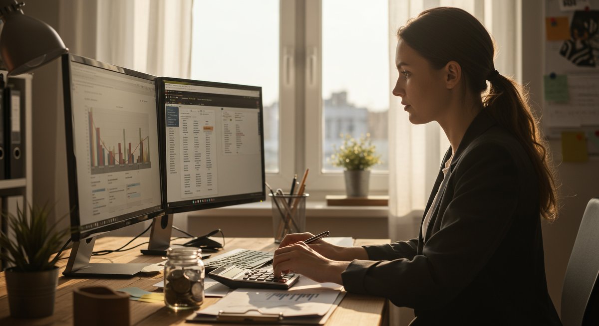 Financial recovery illustration showing confident woman managing budget with technology and savings tracker in professional home office setting