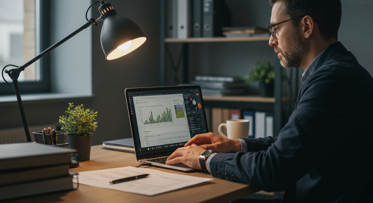 Professional mid-career man using budgeting app for career advancement planning in modern office environment