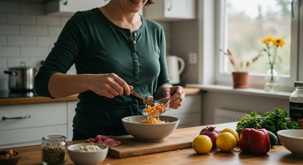 Woman preparing homemade dog food with fresh ingredients in a modern kitchen. Focus on healthy, balanced nutrition for dogs.