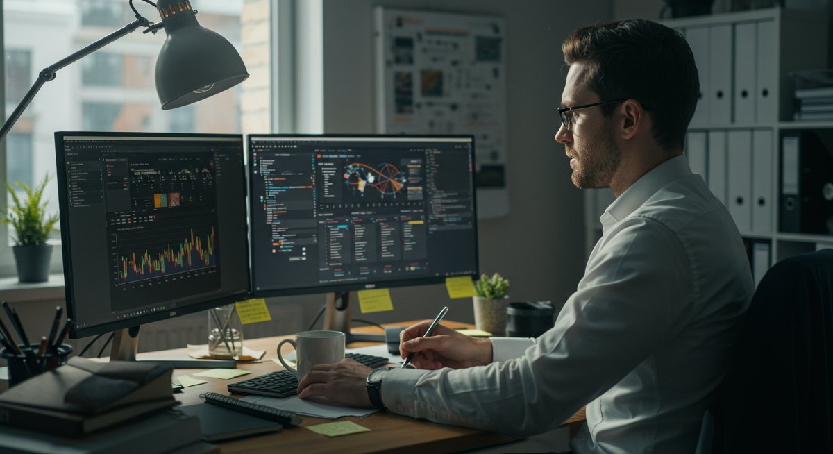 Experienced investor managing ETF portfolio with professional setup