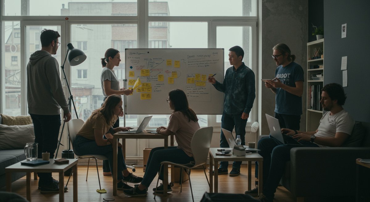 Digital nomads working together in a co-living space with modern workspace setup and collaborative atmosphere