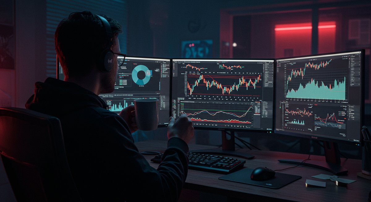 Crypto trader analyzing Bitcoin charts with tax implications notes in a neon-lit workspace