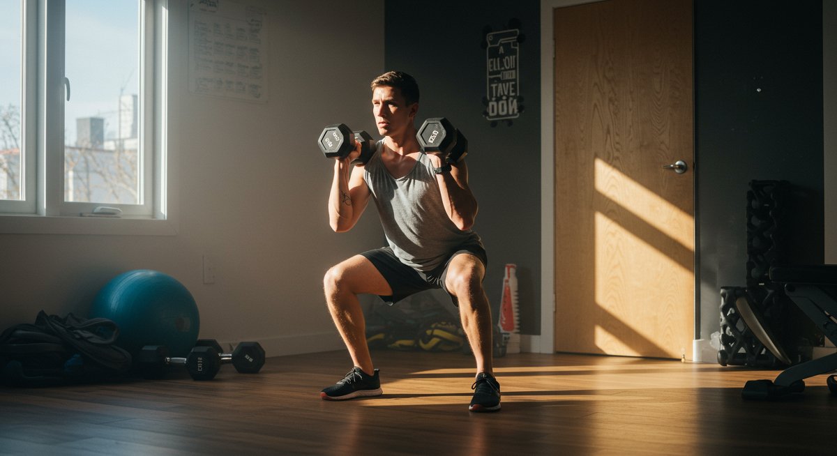 Person doing squats with dumbbells in home gym with natural lighting