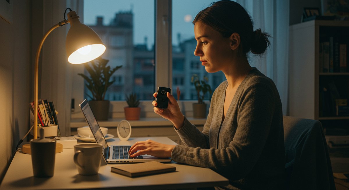 Digital nomad woman using a mobile hotspot and laptop to stay connected while working remotely from a cozy apartment
