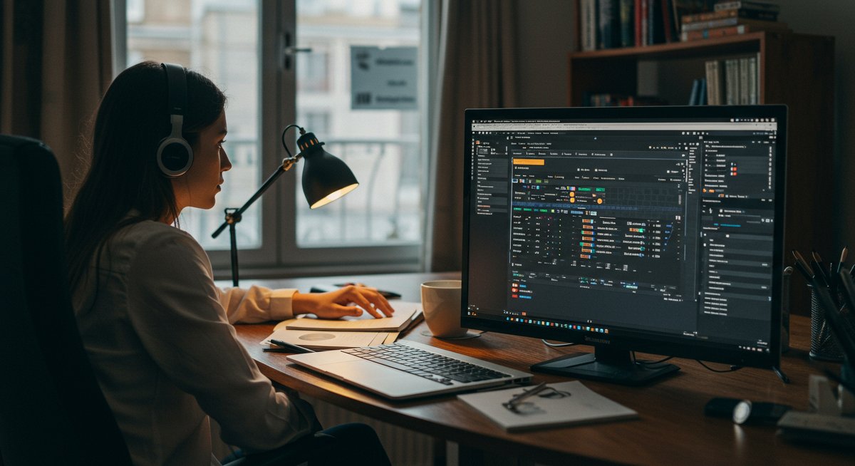 Determined digital nomad woman working productively in a new city, highlighting top remote work tools and a minimalist office setup.