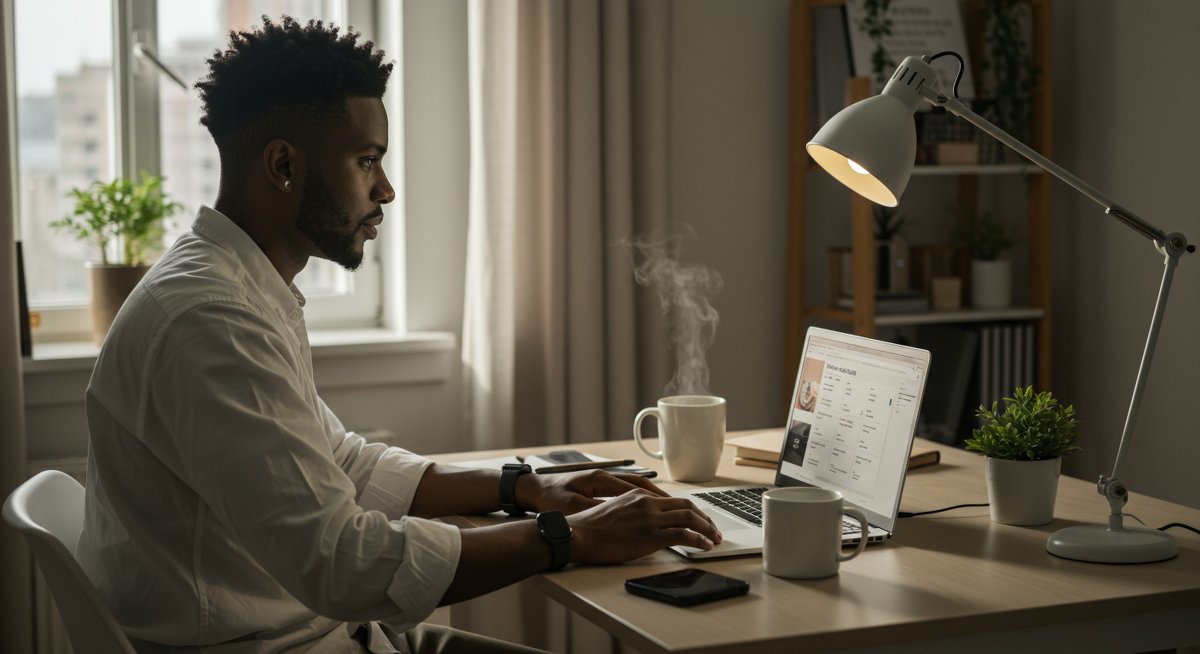 Professional man in modern home office setting with time-blocking schedule, coffee, ergonomic setup, and plant, emphasizing productive morning routine