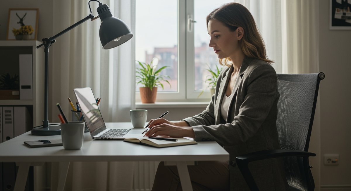 Professional woman in modern home office with focused work and organised workspace