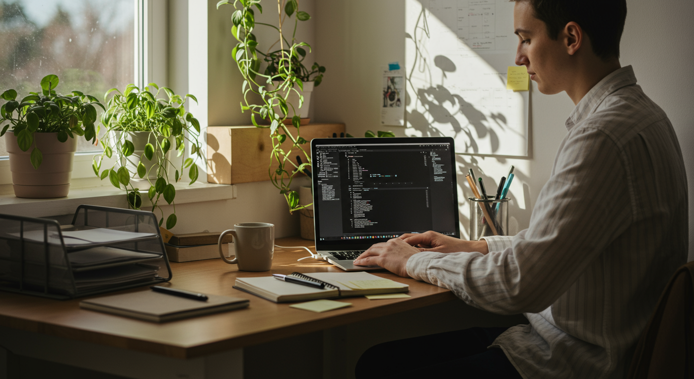 Minimalist home office with a person working on a laptop, coffee mug, notepad, and plants. Capturing a morning planning session with an organized filing system.