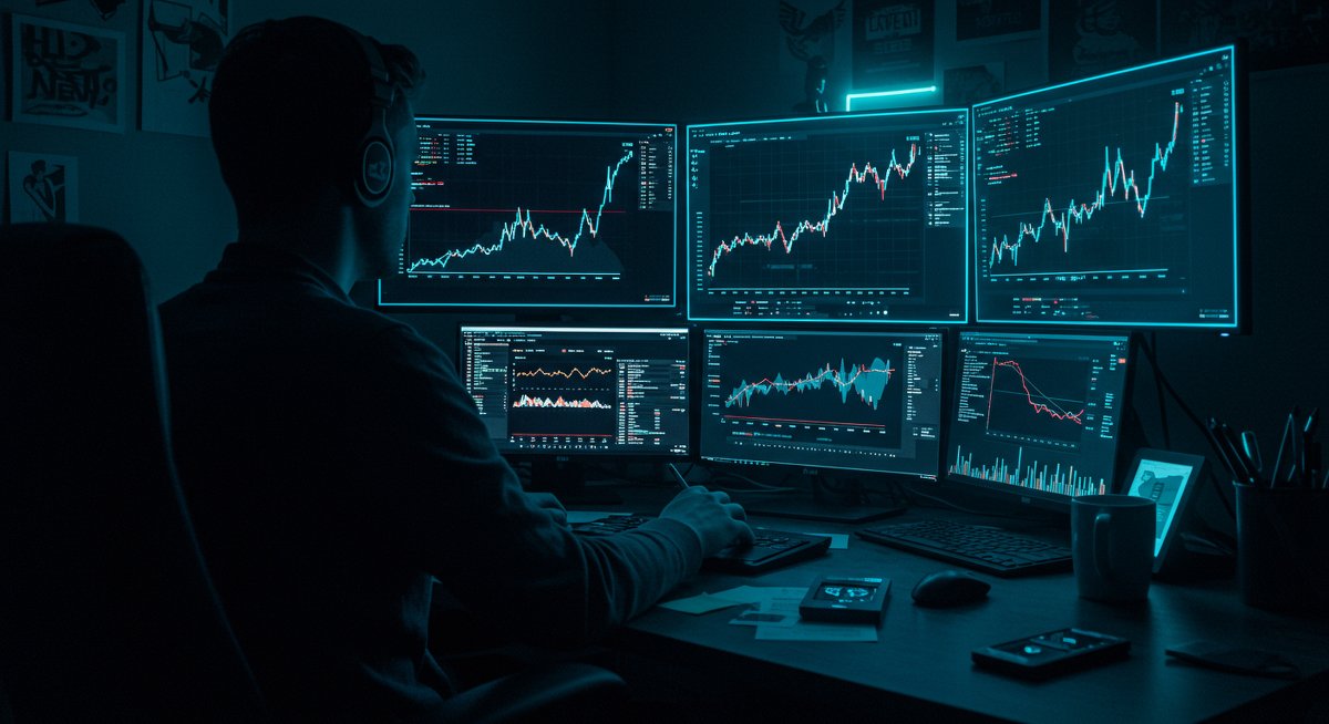 Bitcoin trading strategy visualization - stablecoin conversion metrics, global exchange data, and BTC/USD chart on triple monitor setup
