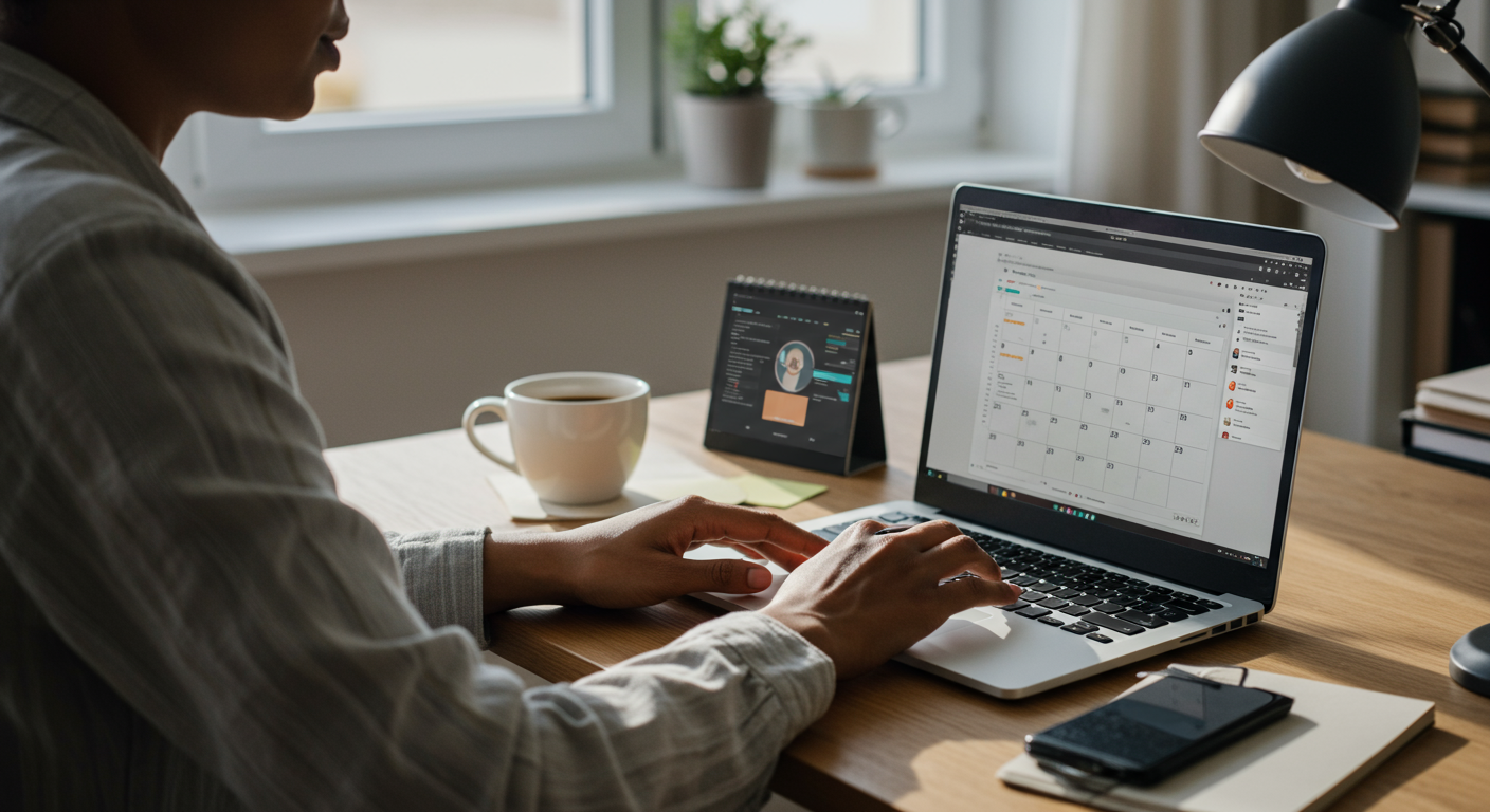 A person working in a modern home office, focused on sustainable productivity with time blocking and an organized workspace. The image uses natural lighting and a clean aesthetic.