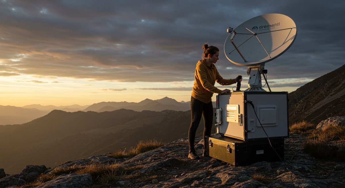 A woman setting up her satellite internet equipment in a remote location with a rugged mountain background, focusing on practical and reliable connectivity options for digital nomads.