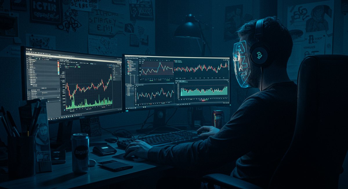 Bitcoin trading chaos in a crypto lair with dual screen analysis and neon lighting