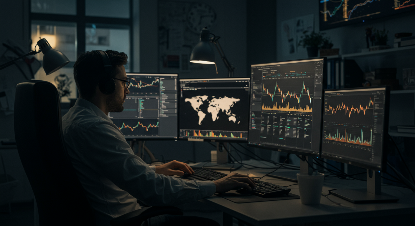 International crypto trader analyzing charts for optimal sell timing and maximum profit