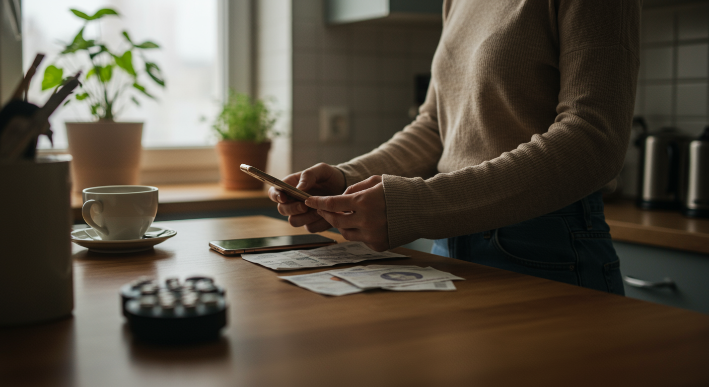 A person reviewing bills on a kitchen counter in a minimalist home, focused on minimalist budgeting and conscious spending.