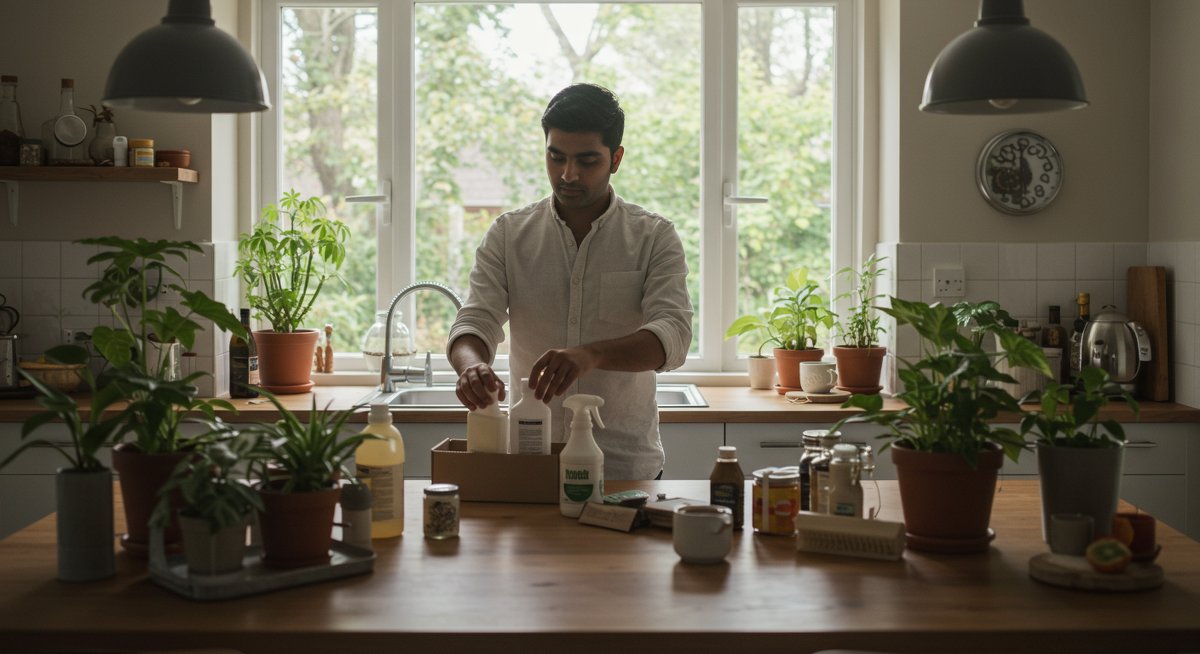 Vegan home transformation: Cruelty-free cleaning products, sustainable storage solutions, and greenery in modern kitchen space