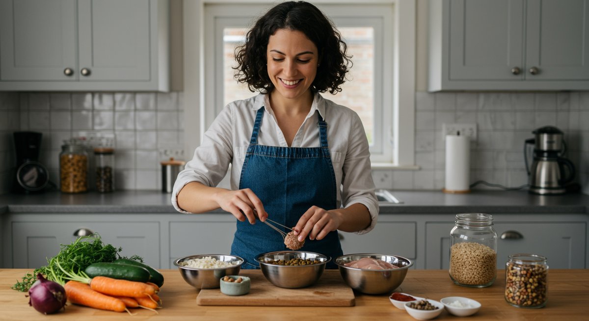 Woman preparing homemade dog food with fresh ingredients in a bright kitchen.