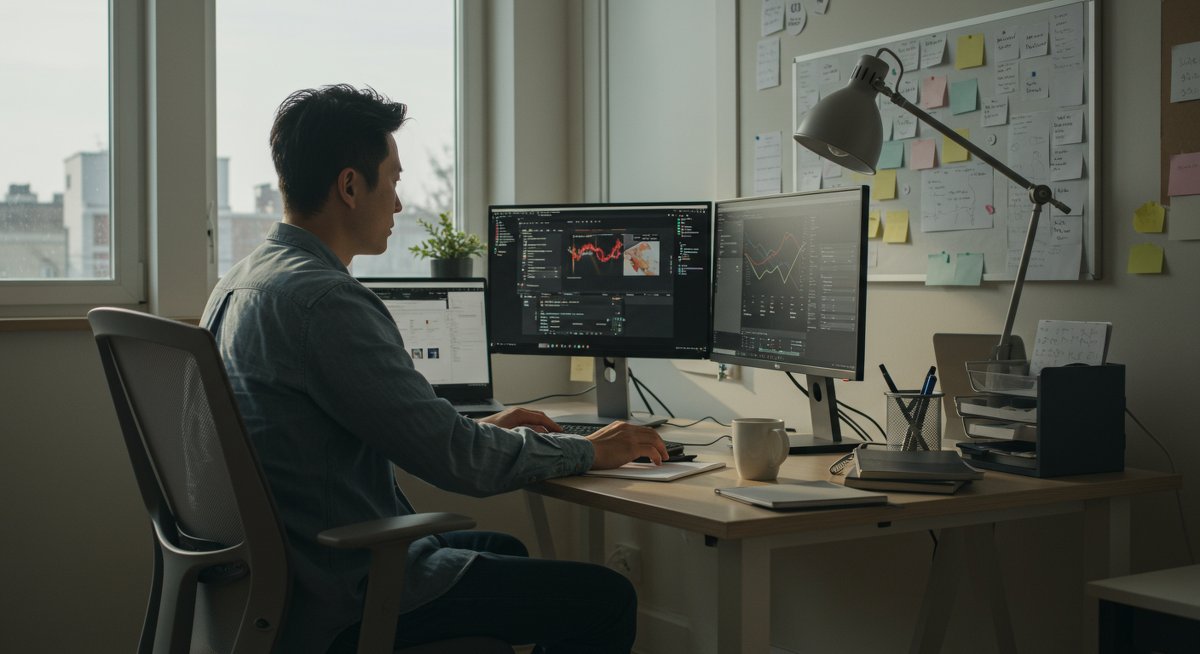 Professional man working in modern home office with dual monitors and Pomodoro timer, showcasing focus and interruption management strategies