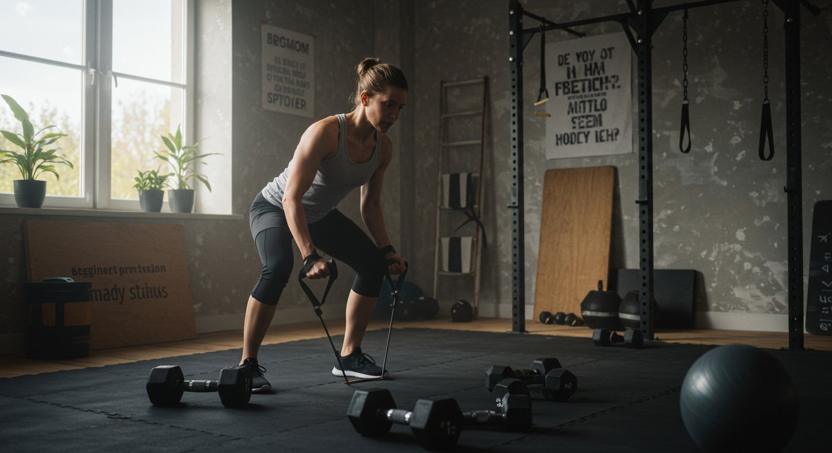Person setting up affordable home gym equipment with dumbbells and resistance bands