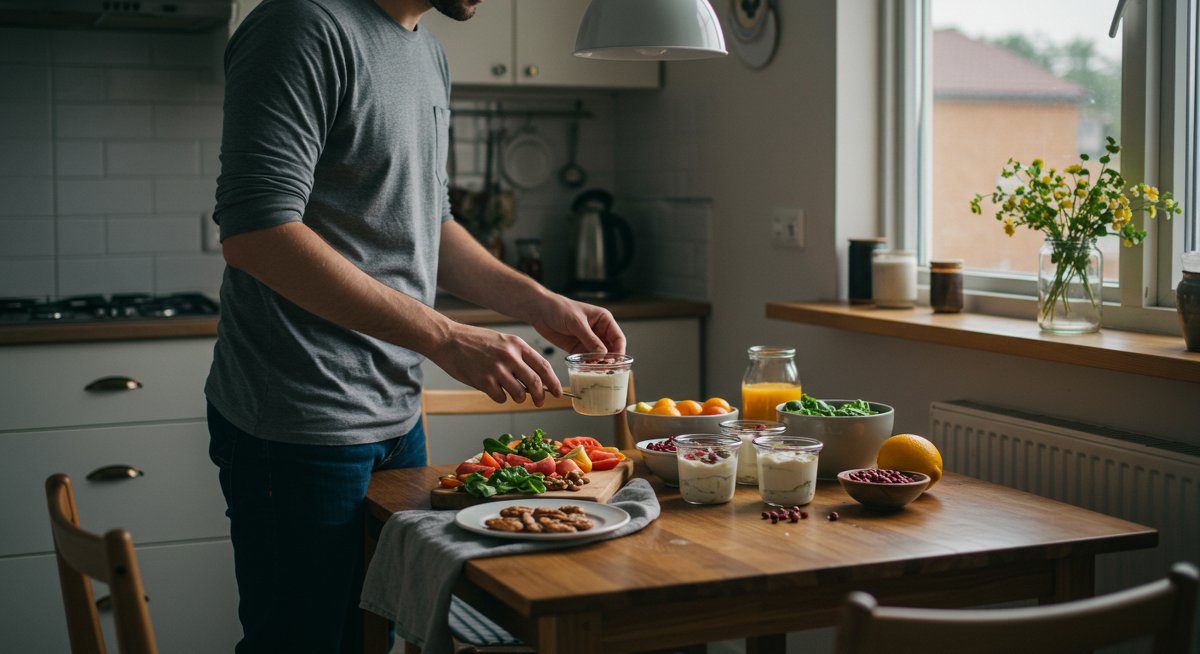 Healthy snack platter with nuts, fruit, and yogurt in modern kitchen setting